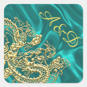 Goldener Drache auf Türkis Satin Print Quadratischer Aufkleber