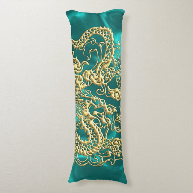 Goldener Drache auf Türkis Satin Print Seitenschläferkissen (Vorderseite Vertikal)