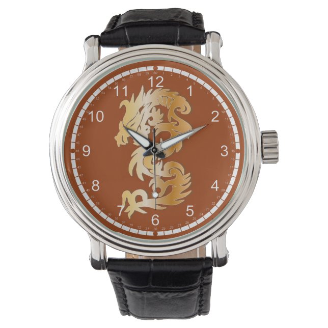 Goldener Drache in Rot Armbanduhr (Vorderseite)