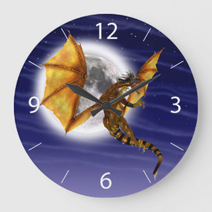 Goldener Drache Mythische Fantasie Kreatur Lila Hi Große Wanduhr