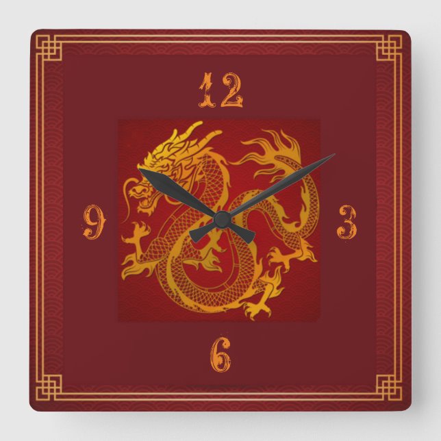 Goldener Drache Quadratische Wanduhr (Vorderseite)