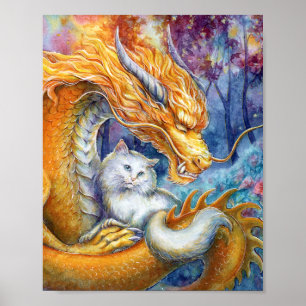 Goldener Drache & weiße Katze in Wald-Wasserfarben Poster