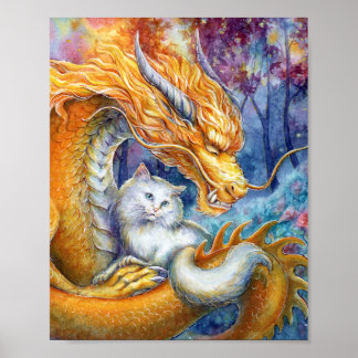 Goldener Drache & weiße Katze in Wald-Wasserfarben Poster