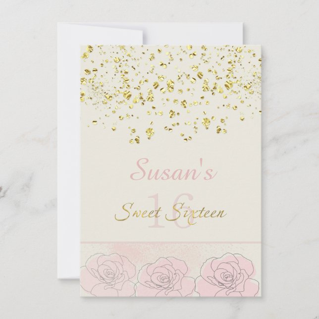 Goldener Effekt Confetti, rosa Rosen Süß 16 Einladung (Vorderseite)