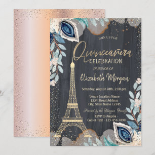 Goldener Eiffelturm, Blumen, Rose Gold Quinceanera Einladung