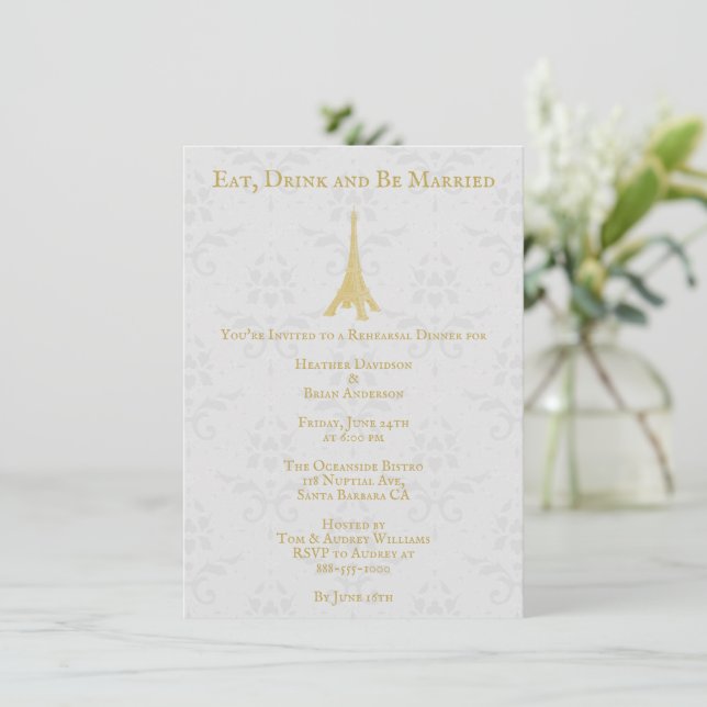 Goldener Eiffelturm Damask Hochzeitsessen Probe Einladung (Stehend Vorderseite)