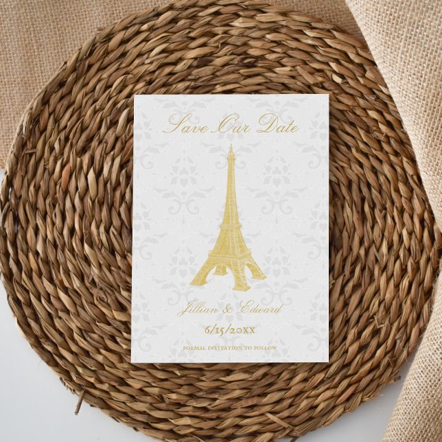 Goldener Eiffelturm Damask Save the Date Ankündigung (Gold Eiffel Tower Damask Save the Date)