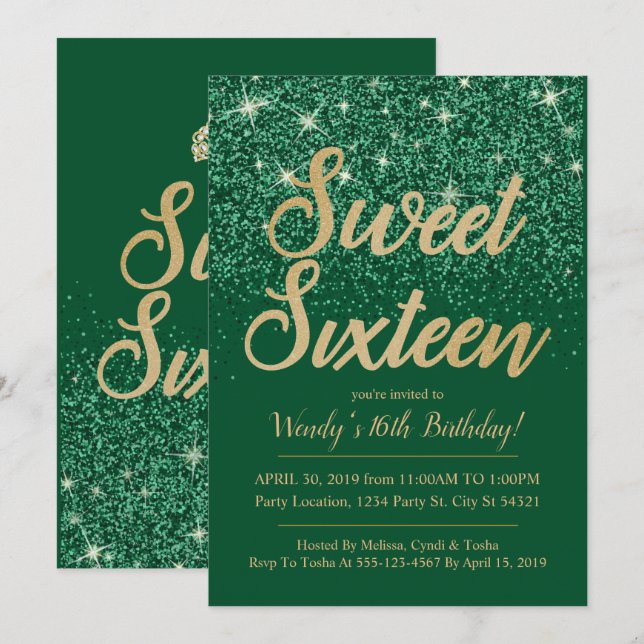 Goldener Emerald Sweet 16 Einladungen zum Geburtst (Vorne/Hinten)