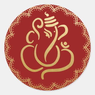 Goldener Festlicher Ganesh   Indischer Gott Rot Runder Aufkleber