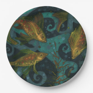 Goldener Fisch, Fische, Unterwasser Kunst Schwarz Pappteller