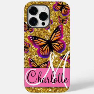 Goldener funkelnder Glitzer, orange-rosa Schmetter Case-Mate iPhone 14 Pro Max Hülle