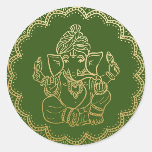 Goldener Ganesha   Indischer Gott Grüne Hochzeit Runder Aufkleber