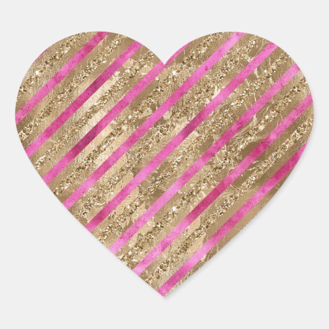 Goldener Glam Glitzer Giro Pink Streifen Herz-Aufkleber (Vorderseite)