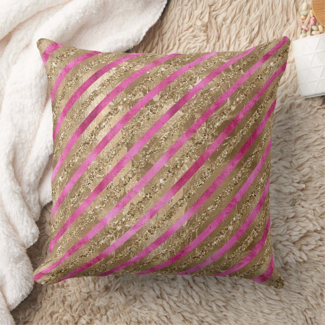 Goldener Glam Glitzer Giro Pink Streifen Kissen (Decke)