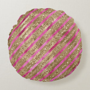 Goldener Glam Glitzer Giro Pink Streifen Rundes Kissen