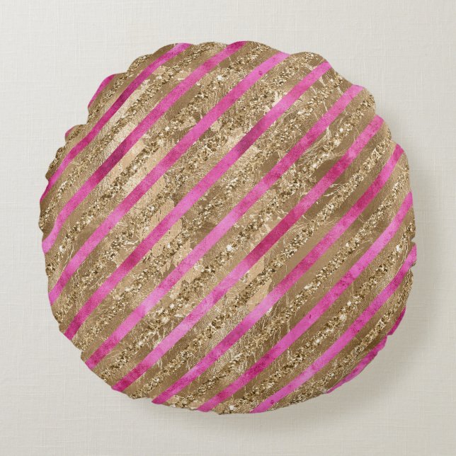 Goldener Glam Glitzer Giro Pink Streifen Rundes Kissen (Vorderseite)