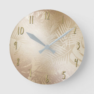 Goldener Glanz Botanische Tropische Palmbaumblätte Runde Wanduhr