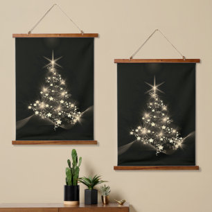 Goldener Glanz der Sterne auf dunklem Weihnachtsba Wandteppich Mit Holzrahmen
