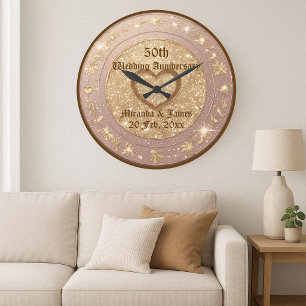Goldener Glitter-Blumen-Motiv 50. Hochzeitstag Große Wanduhr