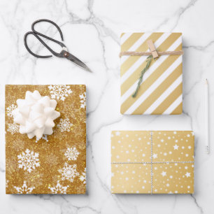 Goldener Glitter Weiße Schneeflocken Streifen Ster Geschenkpapier Set