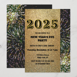 Goldener Glitzer 2025 Silvesterfeuerwerk Einladung