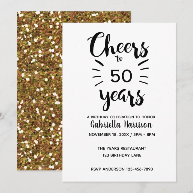 Goldener Glitzer 50. Geburtstag Einladung (Vorne/Hinten)