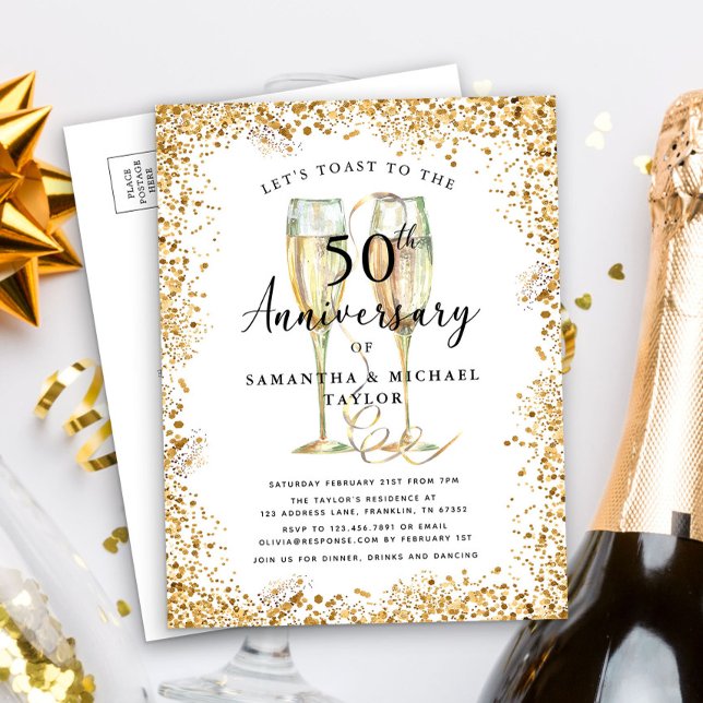 Goldener Glitzer 50. Hochzeitstag Einladungspostkarte (Von Creator hochgeladen)