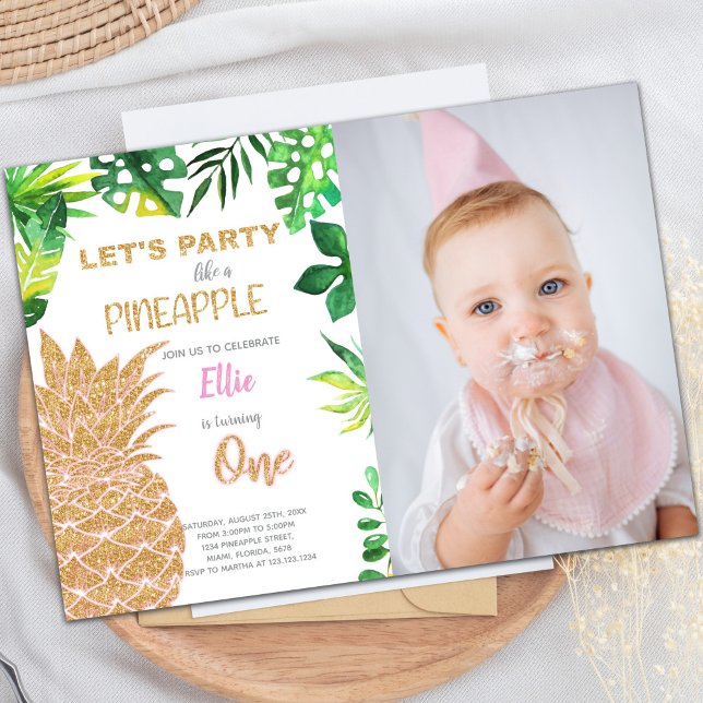 Goldener Glitzer Ananas Einladung mit Foto (Golden Glitter Pineapple Invitations with photo)