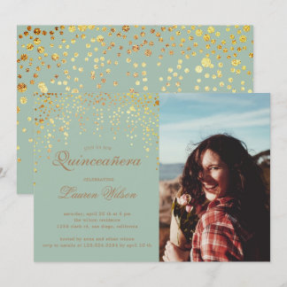 goldener Glitzer auf grünem Quinceanera Foto Einla Einladung