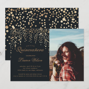 Goldener Glitzer auf schwarzem Quinceanera Foto Ei Einladung