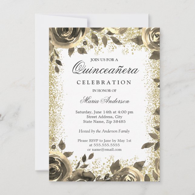 Goldener Glitzer Blumen Modernes Quinceanera Party Einladung (Vorderseite)
