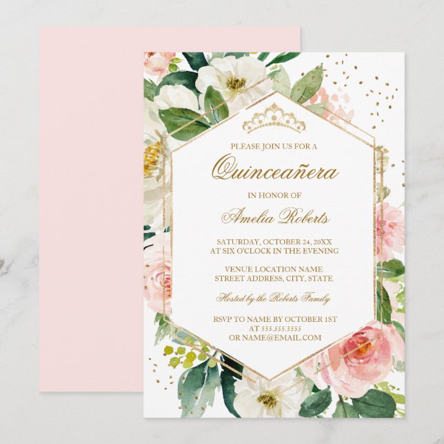 Goldener Glitzer Blush Bloral Quinceanera Geburtst Einladung (Vorne/Hinten)