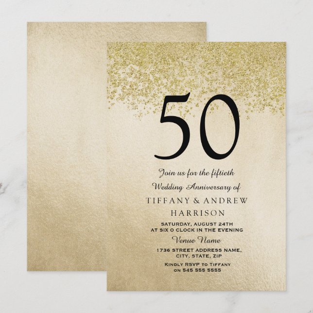 Goldener Glitzer - Einladung zum 50. Hochzeitstag (Vorne/Hinten)