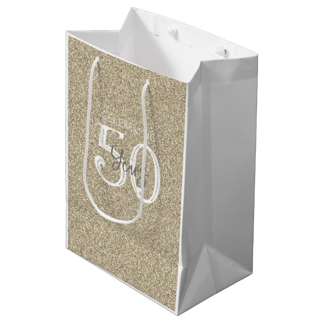 Goldener Glitzer FEIERT 50 JAHRE Eleganter Chic Mittlere Geschenktüte (Vorderseite Schrägansicht)