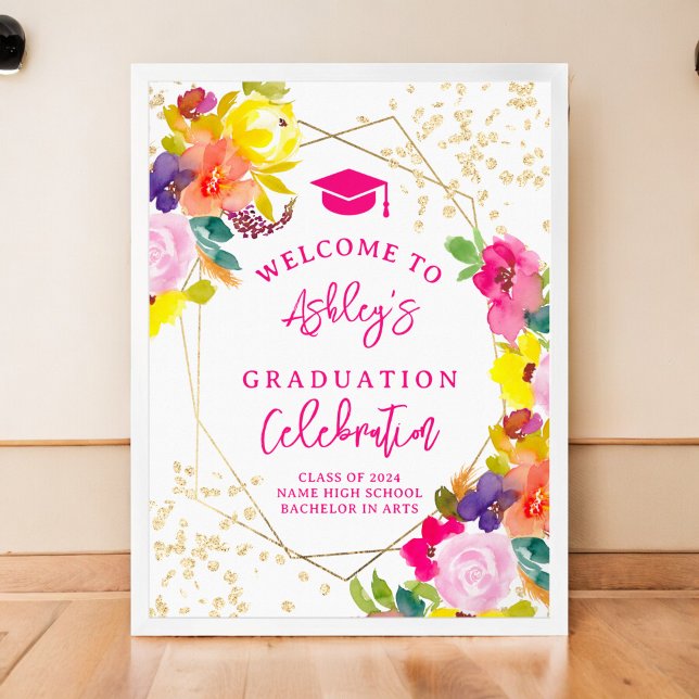 Goldener Glitzer Herzlich willkommen im Abschluss  Poster (Gold glitter boho bold floral graduation welcome poster)