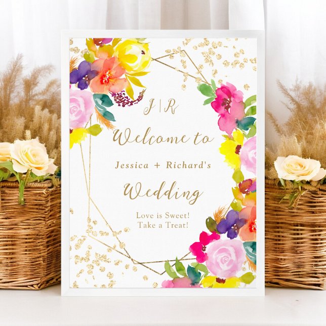 Goldener Glitzer Hochzeitsempfang Poster (Gold glitter boho bold floral wedding welcome poster)