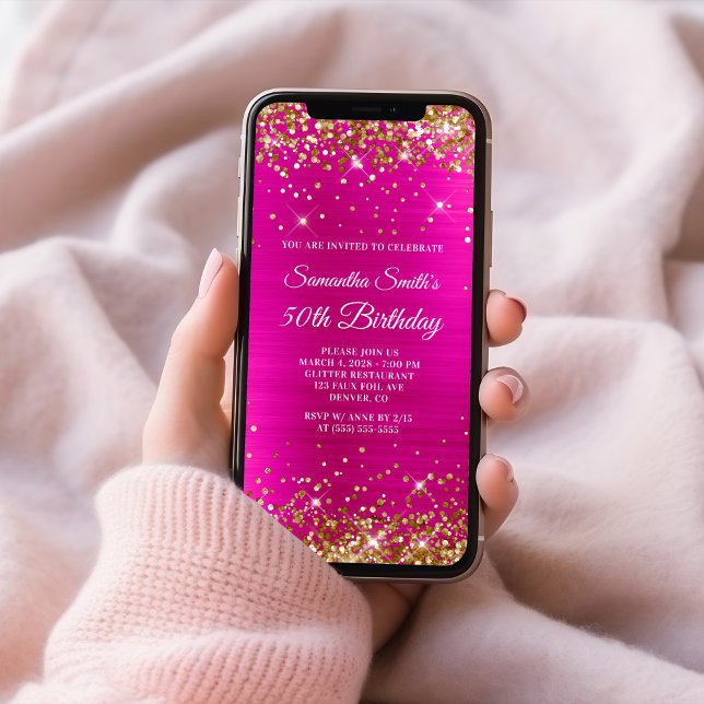 Goldener Glitzer Hot Pink Foil 50. Geburtstag Einladung (Gold Glitter Hot Pink Foil 50th Birthday Invitation)