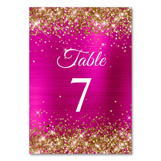 Goldener Glitzer Hot Pink Foil Tischnummer (Vorderseite)