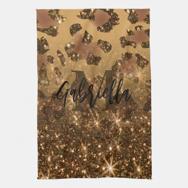 Goldener Glitzer Leopard Print Geschirrtuch (Vertikal)
