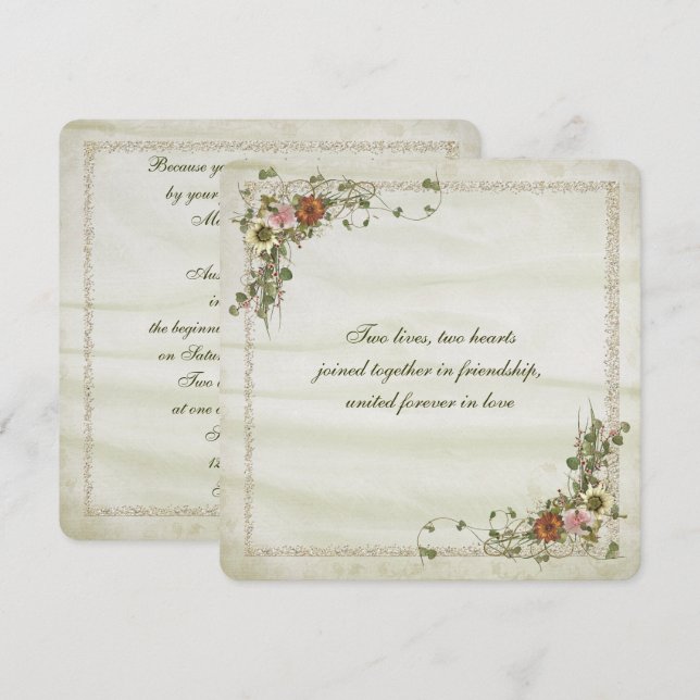 Goldener Glitzer mit Blumenstrauß Einladung (Vorne/Hinten)