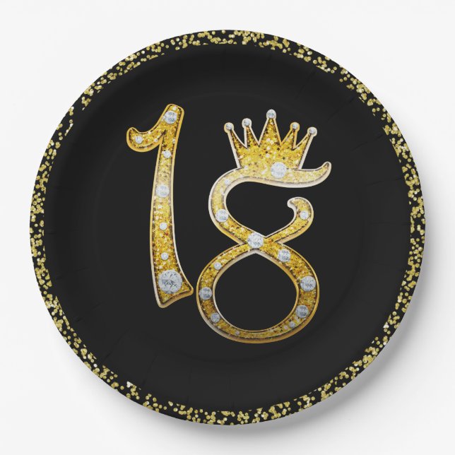 Goldener Glitzer Modernes Glam 18. Kronen Geburtst Pappteller (Vorderseite)