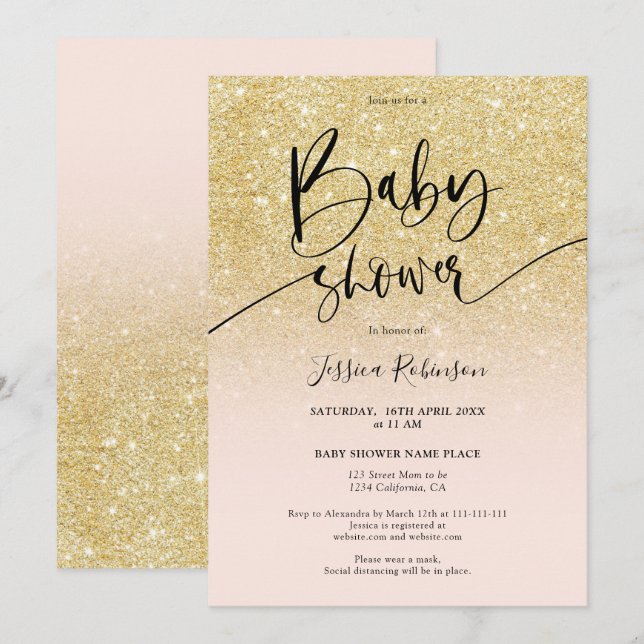 Goldener Glitzer Ober-Rosa-Babydusche Einladung (Vorne/Hinten)