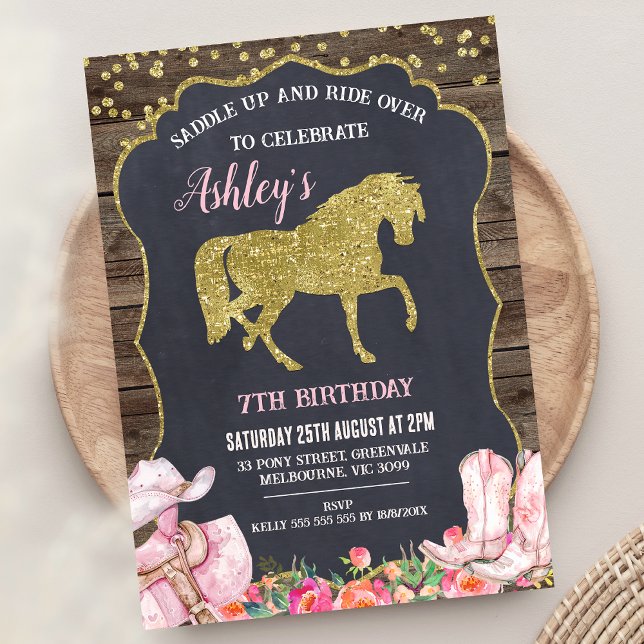 Goldener Glitzer Pferderattel bis Geburtstag Einla Einladung (Gold Glitter Saddle Up Horse Birthday Invitation Gallop Over Pony Birthday Invitation Horse Birthday)
