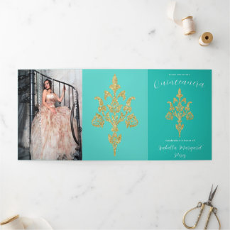 Goldener Glitzer Quinceanera Dreifach Gefaltete Einladung