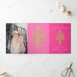 Goldener Glitzer Quinceanera Dreifach Gefaltete Einladung