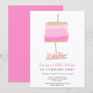 Goldener Glitzer Rosa Blumenkuchen zum ersten Gebu Einladung