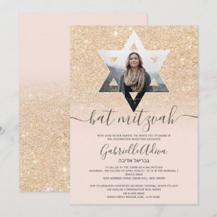 Goldener Glitzer Rosa Mitzvah Einladung