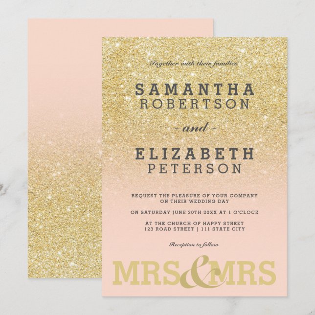 Goldener Glitzer Rosa Ober Lesbe Hochzeit Einladun Einladung (Vorne/Hinten)