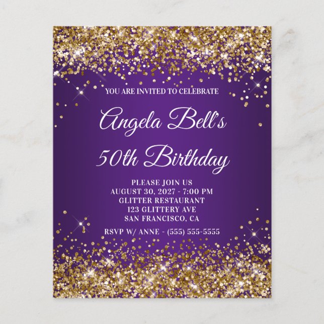 Goldener Glitzer Royal Lila 50. Geburtstag Einladu Flyer (Vorne)