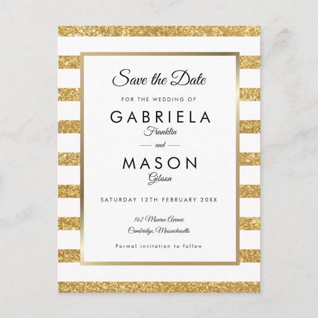 Goldener Glitzer Save the Date Postkarte (Vorderseite)